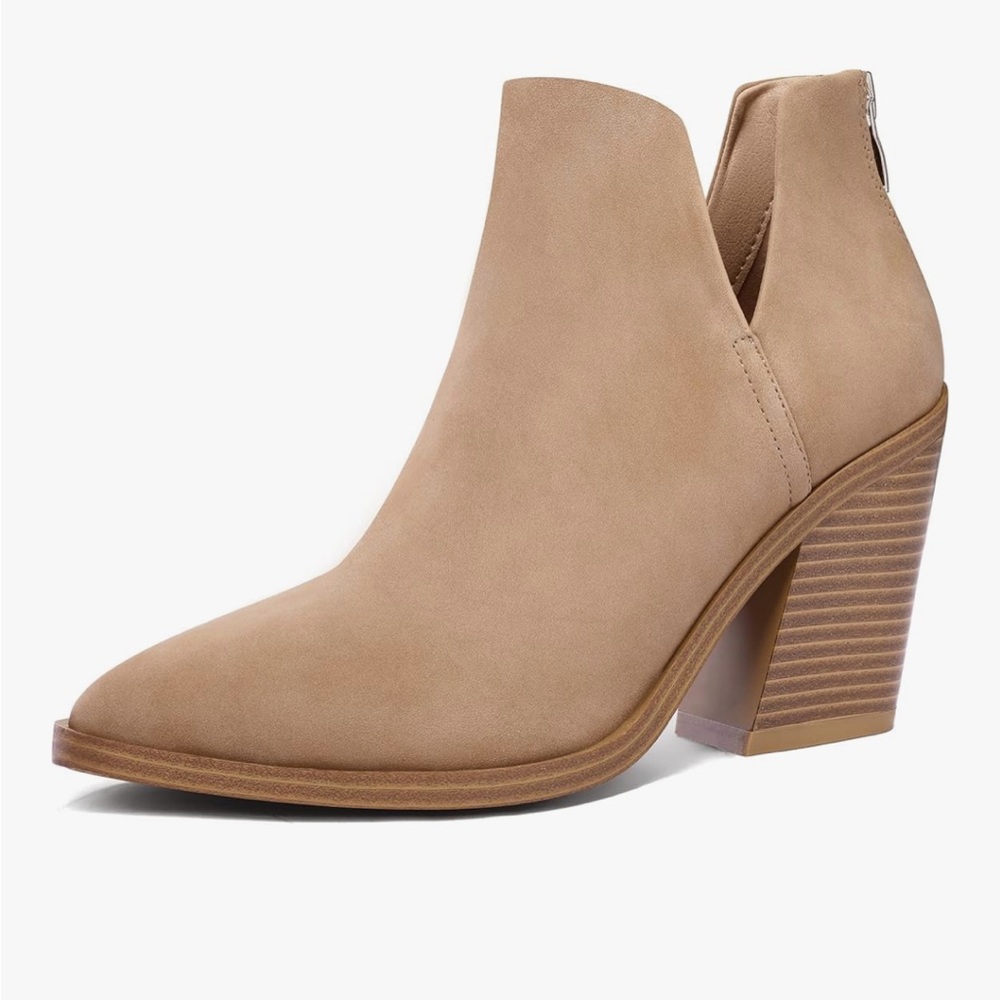 mysoft Ankle Boots Slip On Cutout Pointed Toe Chunky Stacked Mid Heel Bootie 9.5 - Picture 3 of 10